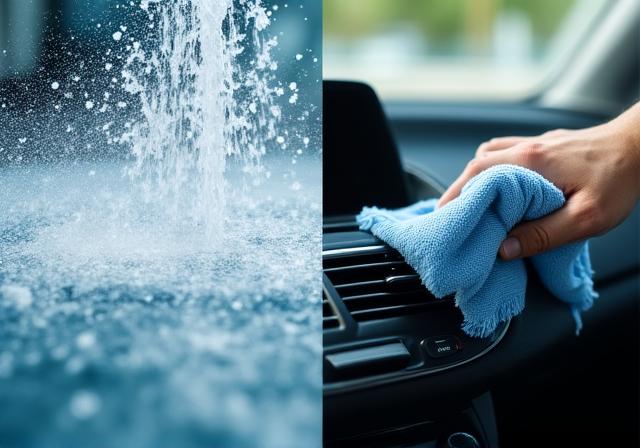 Close up of car wash equipment vs manual cleaning