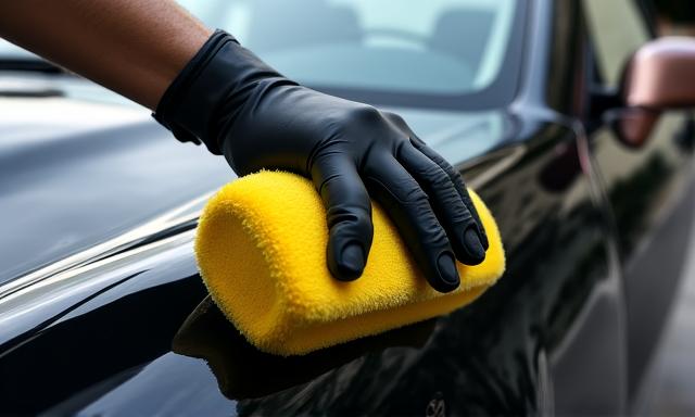Professional applier brushing high-grade wax onto a car hood